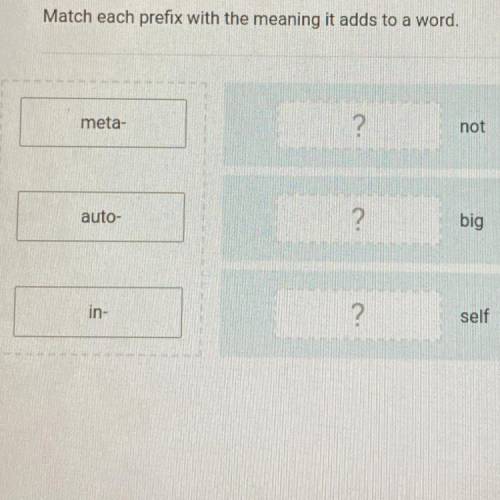 Match each prefix with the meaning it adds to a word.

meta-
?.
not
auto
?
big
in-
?
self
SUBMIT