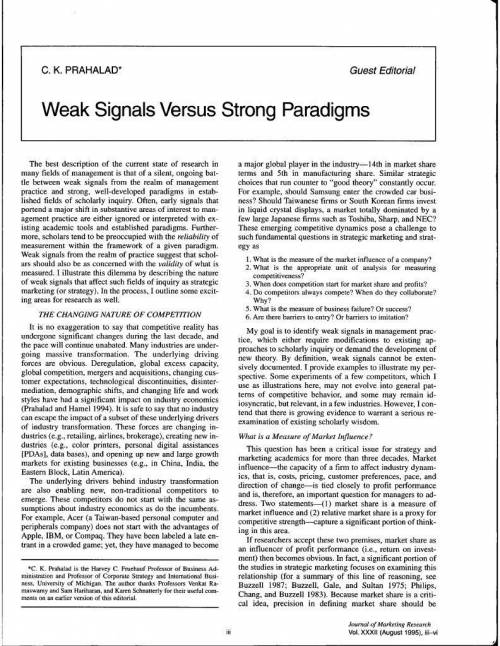 On page 2 of the article “Weak Signals Versus Strong Paradigms” (by C.K. Prahalad), the author list