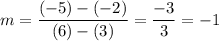 \displaystyle m=\frac{(-5)-(-2)}{(6)-(3)}=\frac{-3}{3}=-1