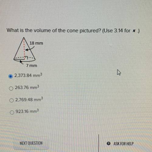 What is the volume of the cone pictured? (Use 3.14 for pi)