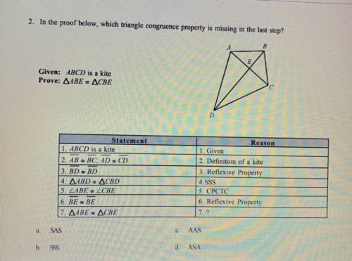 In the proof below, which triangle congruence property is missing in the last step?

PLS I REALLY