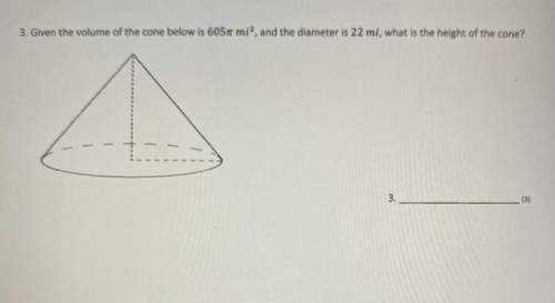 Given the volume of the cone below is 606pi mi^3, and the diameter is 22 mi what is the height of t