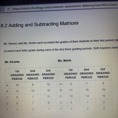 PLEASEEEE HELPPPPP

Mr. Alvarez and Ms. Bento each recorded grades of their students in their