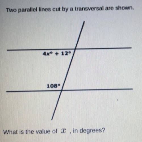 Two parallel lines cut by a transversal are shown. What is the value of X, in degrees?