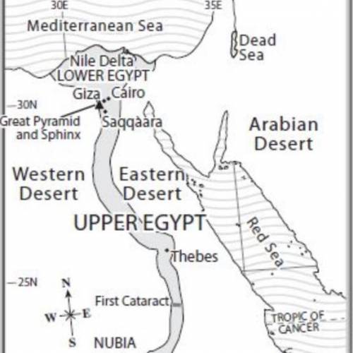 Look at the map. What landforms bordered Egypt on the east and west and how did these contribute to