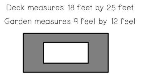 PLEASE HELP!!! deck measures 18 feet by 25 feet Garden measures 9 feet by 12 feet

Q1: What is the