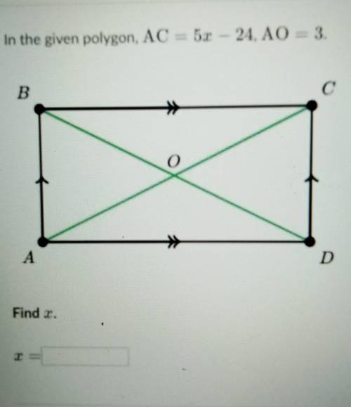 In the given polygon, AC= 5x - 24, AO= 3. Find x. NO LINKS!!!​