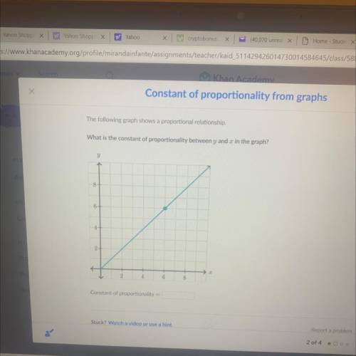 The following graph shows a proportional relationship

what is the constant of proportionality bet