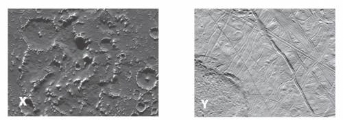 Look at the images of two of Jupiter's moons, taken from the same altitude. The moons are approxima