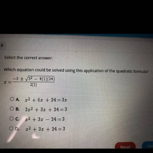 Select the correct answer.

Which equation could be solved using this application of the quadratic