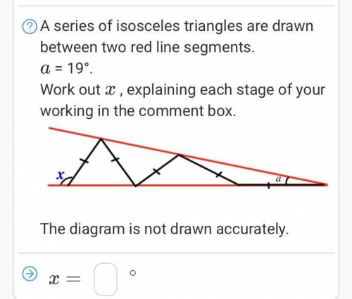 A series of isosceles triangles are drawn between two red line segments.

a
= 19°.
Work out 
x
( p