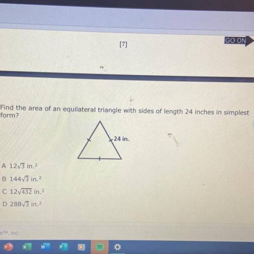 Find the area of an equilateral triangle with sides of length 24 inches in simplest
form?