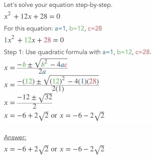 List the steps to solve the equation x^2 + 12x + 28= 0 by completing the square, and give the soluti