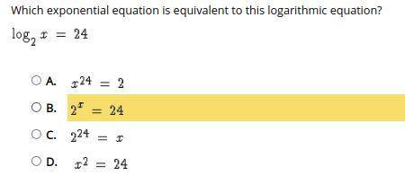 Can someone help me with Logarithm?

Which exponential equation is equivalent to this logarithmic