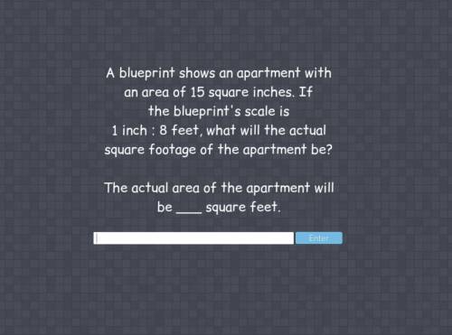 A blueprint shows an apartment with an area of 15 inches. If the blueprint's scale is 1 inch : 8 fe