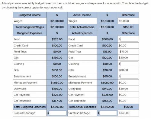 A family creates a monthly budget based on their combined wages and expenses for one month. Complet