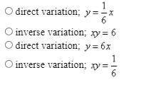Does the data in the table represent a direct variation or an inverse variation? Write an equation