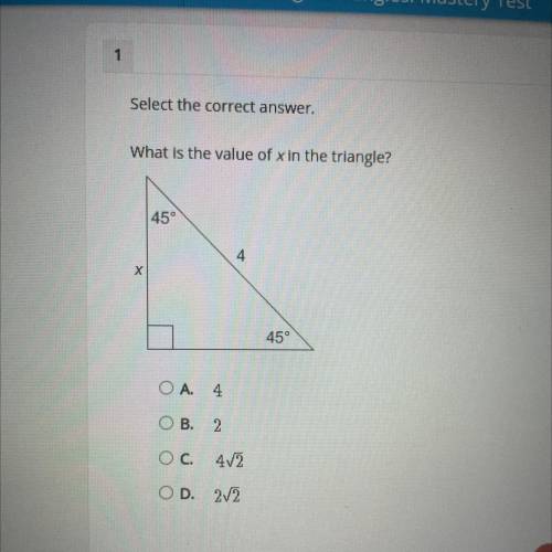 Select the correct answer.
What is the value of x in the triangle?