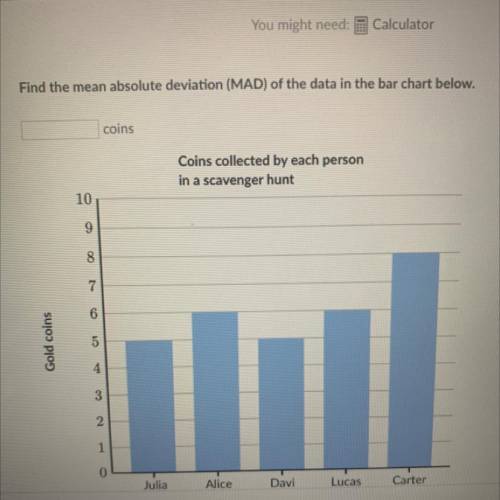 Find the mean absolute deviation (MAD) of the data in the bar chart below.

5 5 6 6 8 
Please help