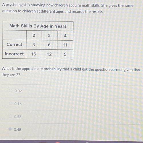 A psychologist is studying how children acquire math skills. She gives the same question to childre
