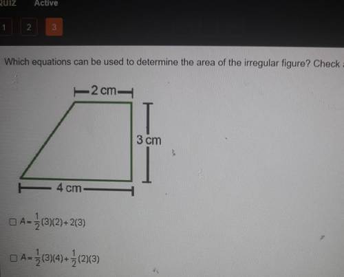 Which equations can be used to determine the area of the irregular figure?​