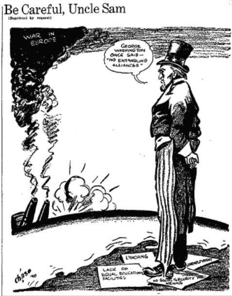 What reasons does this cartoon give for not getting involved in the war in Europe?