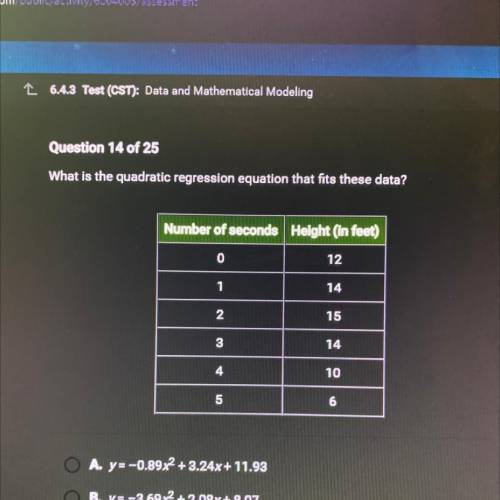 PLEASE HELP ASAP

What is the quadratic regression equation that fits these data?
A. y=-0.89x2 + 3