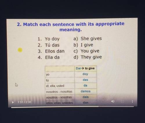 2. Match each sentence with its appropriate meaning. 1. Yo doy 2. Tú das 3. Ellos dan 4. Ella da a)