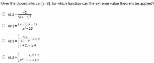 Over the closed interval [3, 8], for which function can the extreme value theorem be applied?