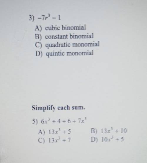 3) find the polynomial name5) simplify each sum please help meee​