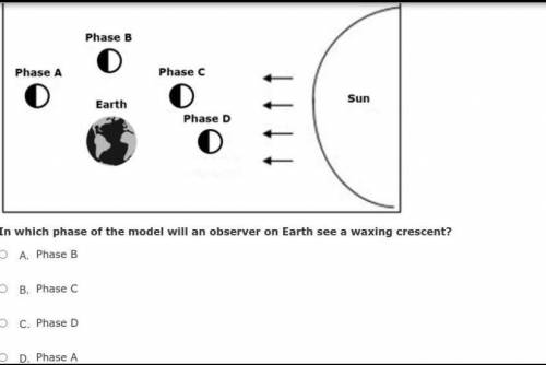In which phase of the model will an observer on Earth see a waxing crescent?

A. Phase C
B. Phase