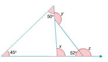 NEED HELP PLEASE!! WILL GIVE BRAINIEST...
Find the measures for angles x, y, z.