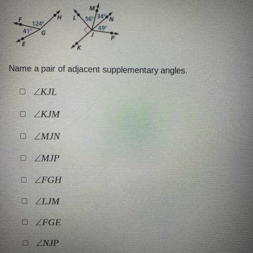 Use the figure 
Name a pair of adjacent supplementary angles