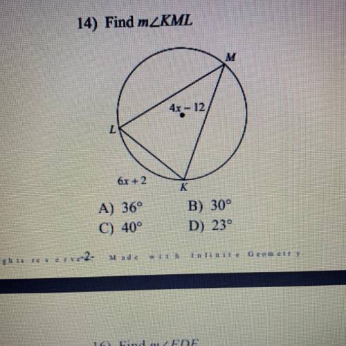 Find the measure of the arc or angle indicated. Find m angle KML