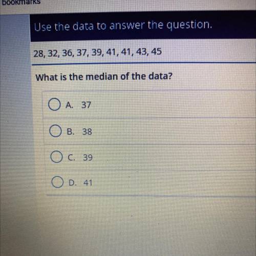Use the data to answer the question.

28, 32, 36, 37, 39, 41, 41, 43, 45
What is the median of the