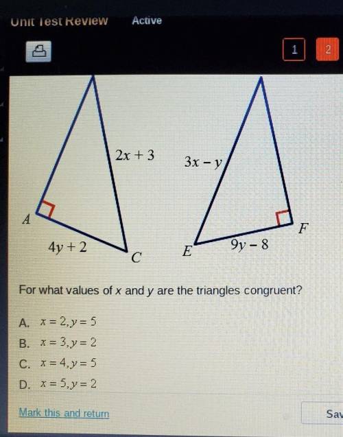 For what values of x and y are the triangles congruent​