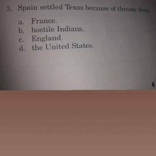 Spain settled Texas because of threats from

a. France.
b. hostile Indians.
C. England .
d. the Un
