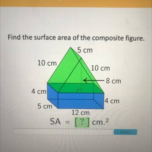 Find the surface area of the composite figure,

5 cm
10 cm
10 cm
8 cm
4 cm
4 cm
5 cm
12 cm
