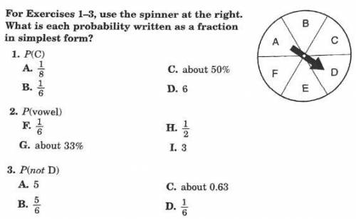 Use the spinner to calculate the fraction of each letter or group.

1. what is the fraction for C