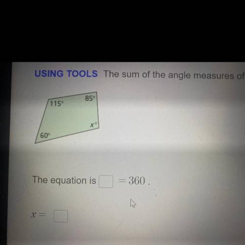 The sum of the angle measures of a quadrilateral is 360°. Write and solve an equation to find the v