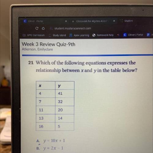 Which of the following equations expresses the

relationship between x and y in the table below?
A