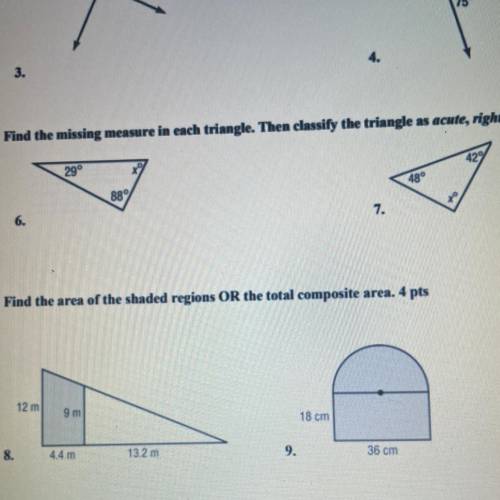 Find the missing measure in each triangle. Then classify the triangle as acute right or obtuse.

D