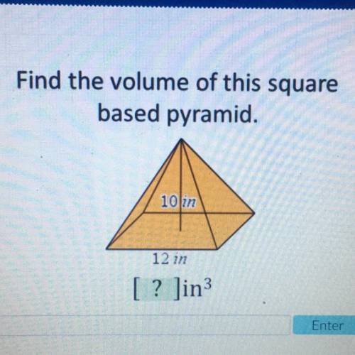 Find the volume of this square
based pyramid.
10 in
12 in
[? ]in3