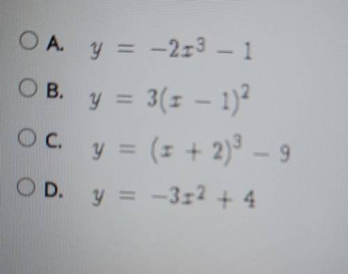 PLEASE HELP

which function displays this end behavior? as X approaches negative Infinity y approa