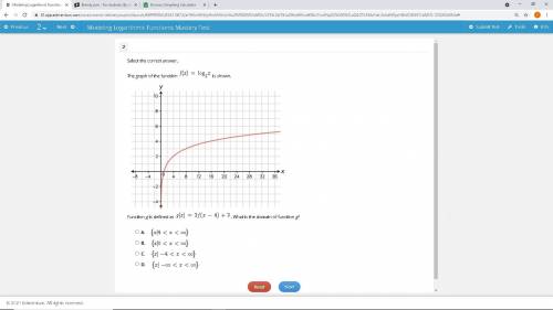 Select the correct answer.
The graph of the function f(x)=log2x is shown.