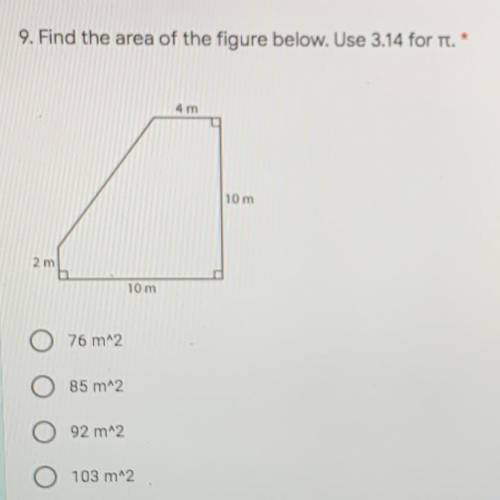 Find the area of the figure below. use 3.14 for pie
