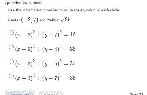 Use the information provided to write the equation of each circle center (-3,7) and radius 35