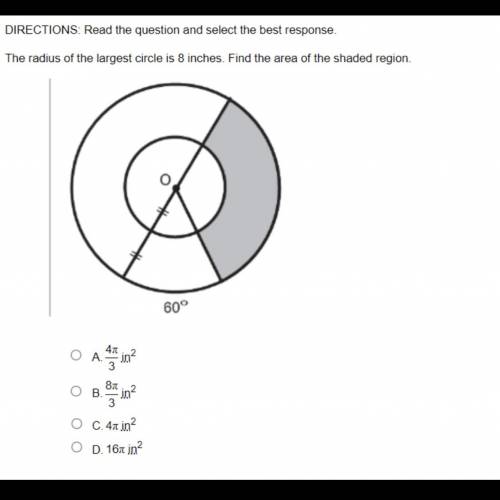 The radius of the largest circle is 8 inches. Find the area of the shaded region