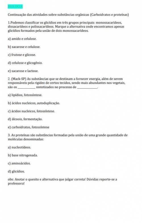 continuação das atividades sobre substâncias orgânicas carboidratos e proteínas número um podemos c