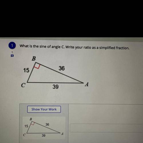 What is the sine of angle C. Write your ratio as a simplified fraction.